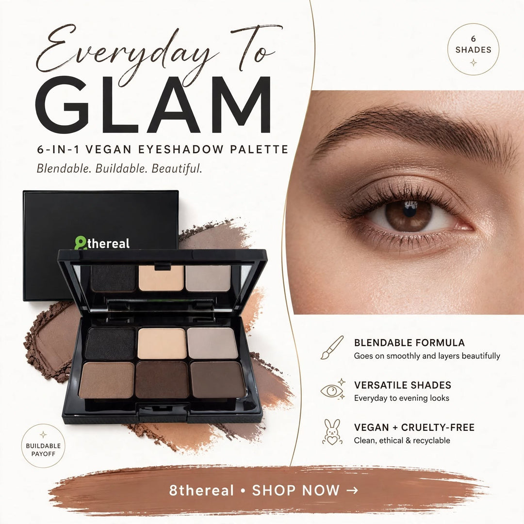 8thereal 6-shade vegan eyeshadow palette with matte and neutral tones for everyday to glam makeup looks.