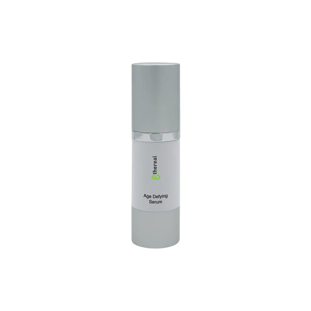 8thereal Age Defying Facial Serum in a white pump bottle with a silver cap for hydrating and smoothing skin