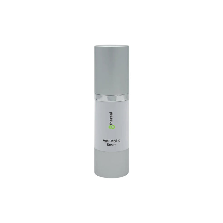8thereal Age Defying Facial Serum in a white pump bottle with a silver cap for hydrating and smoothing skin