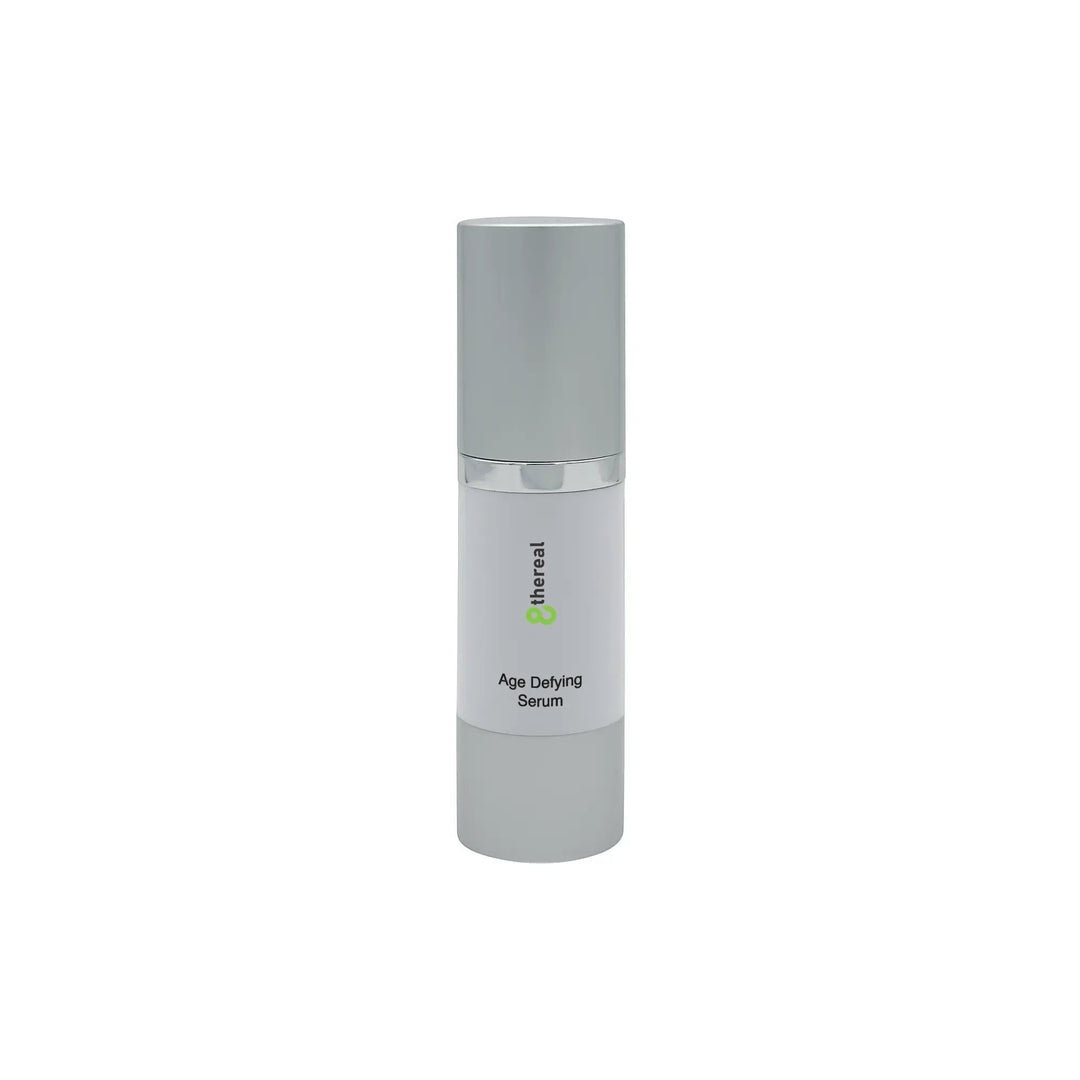 8thereal Age-Defying Facial Serum in a sleek white and silver pump bottle for hydrating and firming skin.