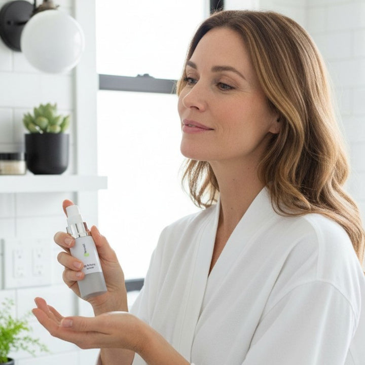 Woman in a white robe holding an 8thereal Age-Defying Facial Serum bottle in a bright, modern bathroom.