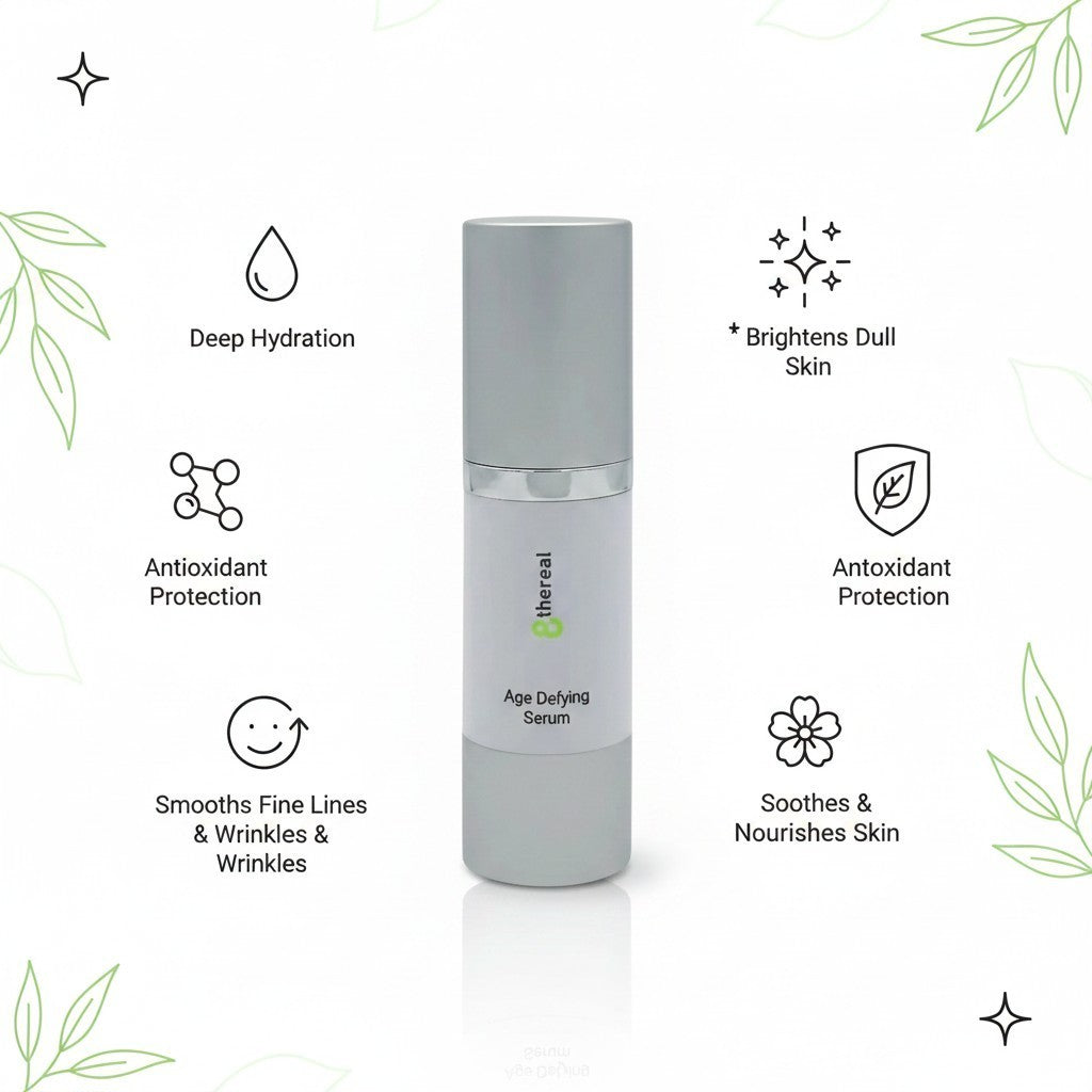 8thereal Age-Defying Facial Serum bottle surrounded by icons highlighting hydration, brightening, and anti-aging benefits.