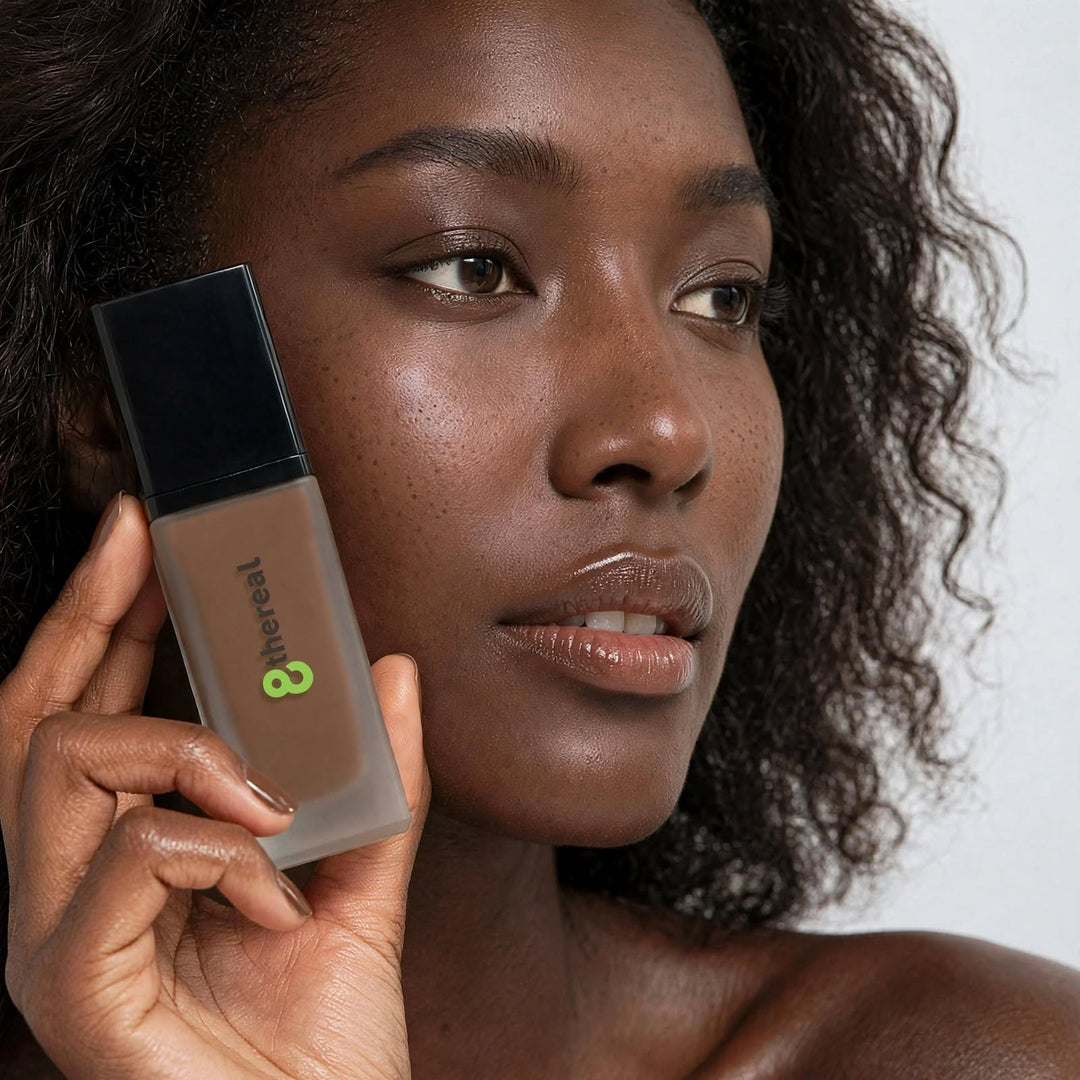 8thereal All-Day Wear Foundation SPF held by a model with deep skin tone, showcasing a natural, radiant finish.