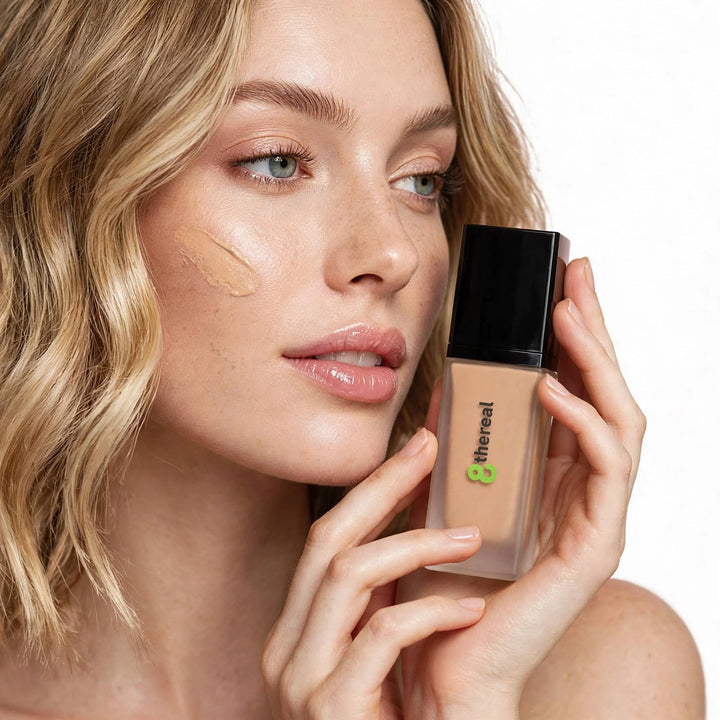 Model holding 8thereal All-Day Wear Foundation SPF with a swatch of liquid foundation on her cheek for natural finish.