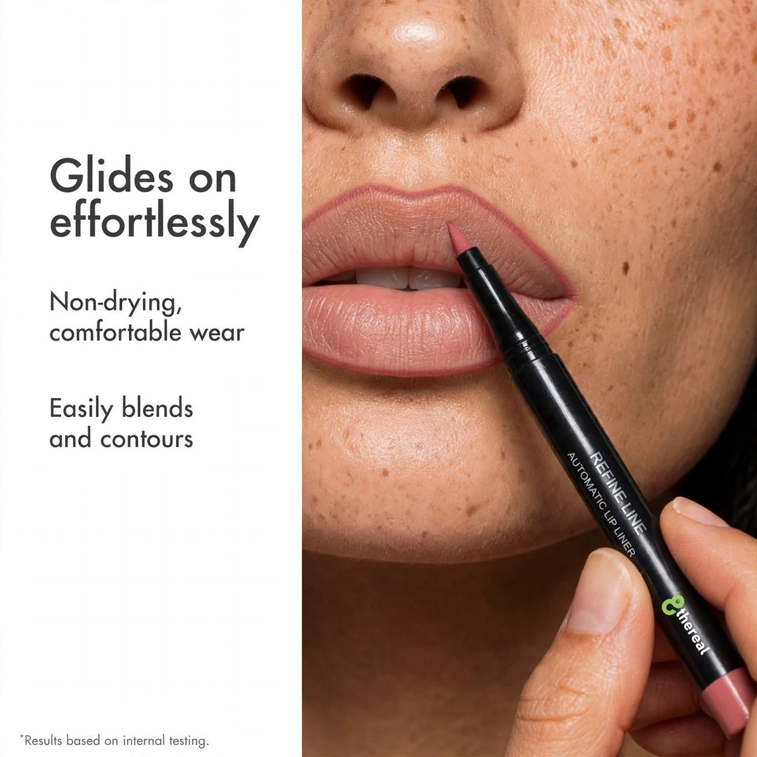8thereal automatic lip liner in a creamy mauve shade being applied to define lips for a smooth, long-lasting look.