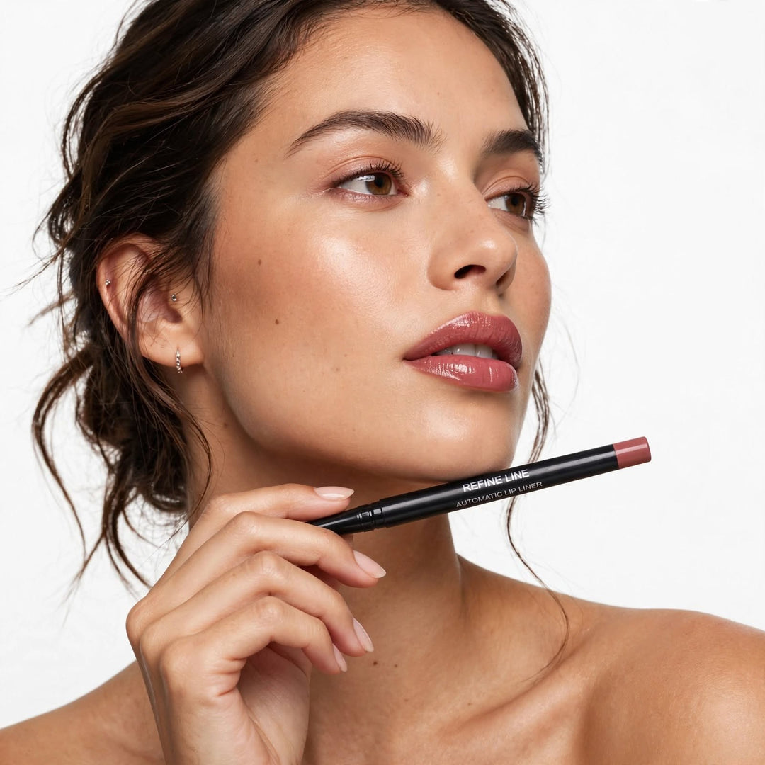 8thereal automatic lip liner held by a model with defined, glossy lips and natural makeup for a polished look.