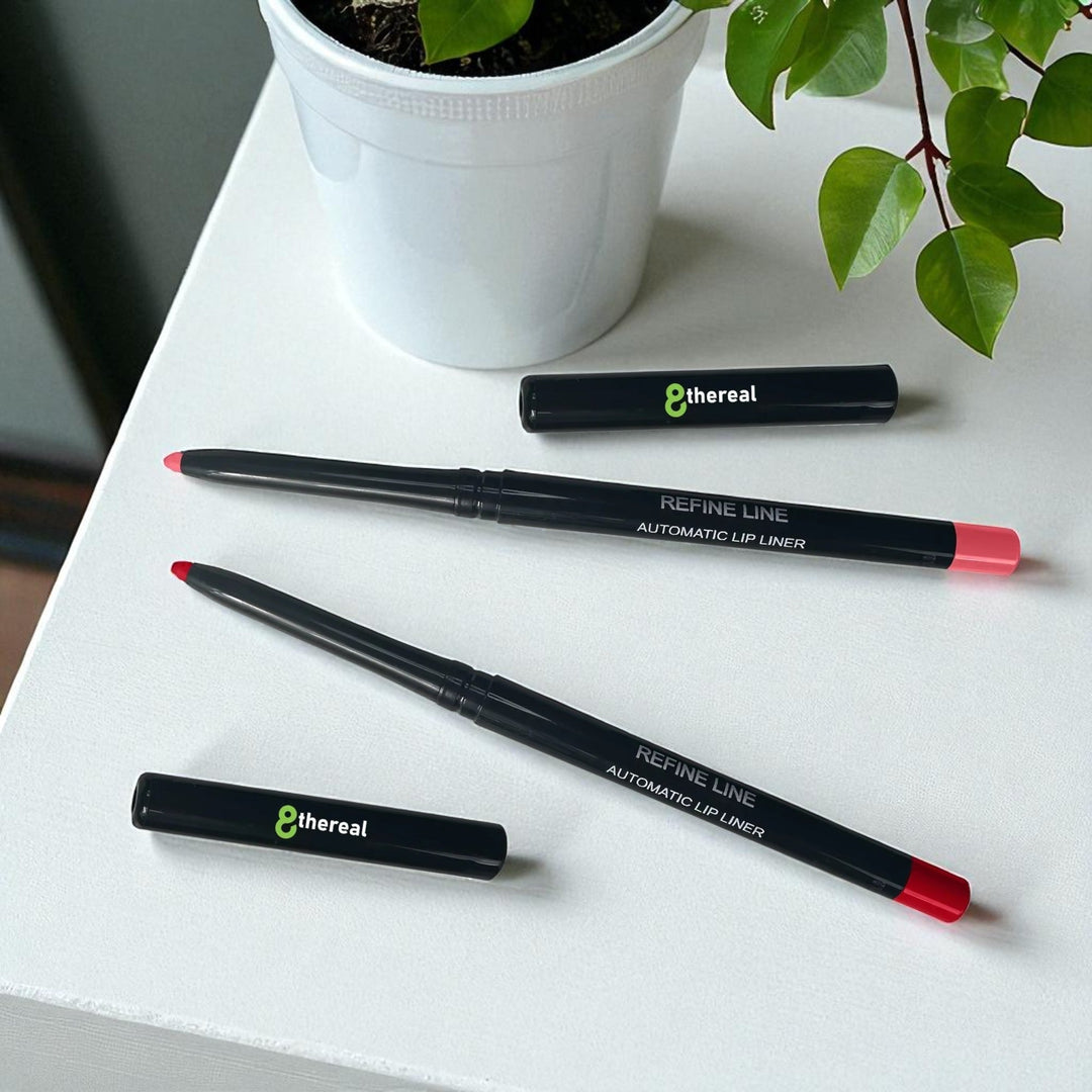 8thereal retractable automatic lip liners in red and pink shades with black packaging on a white surface.