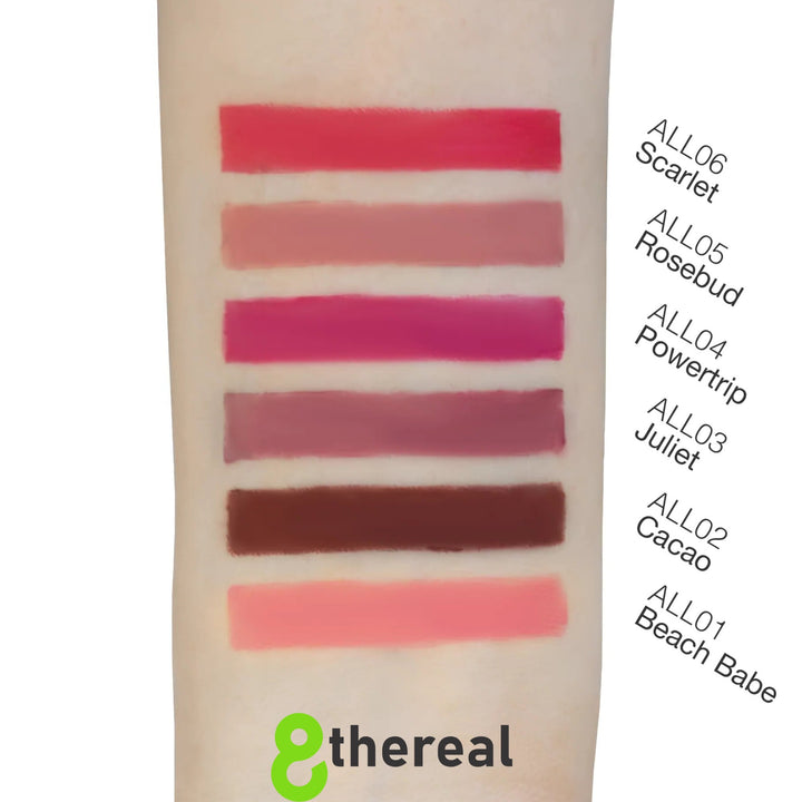 8thereal automatic lip liner swatches in six shades from Beach Babe to Scarlet on skin for creamy long-lasting color.