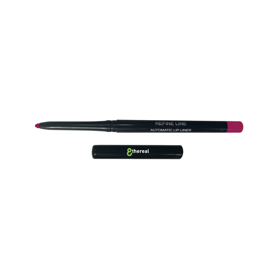 8thereal retractable automatic lip liner in a vibrant pink shade with a matching cap and sleek black casing.