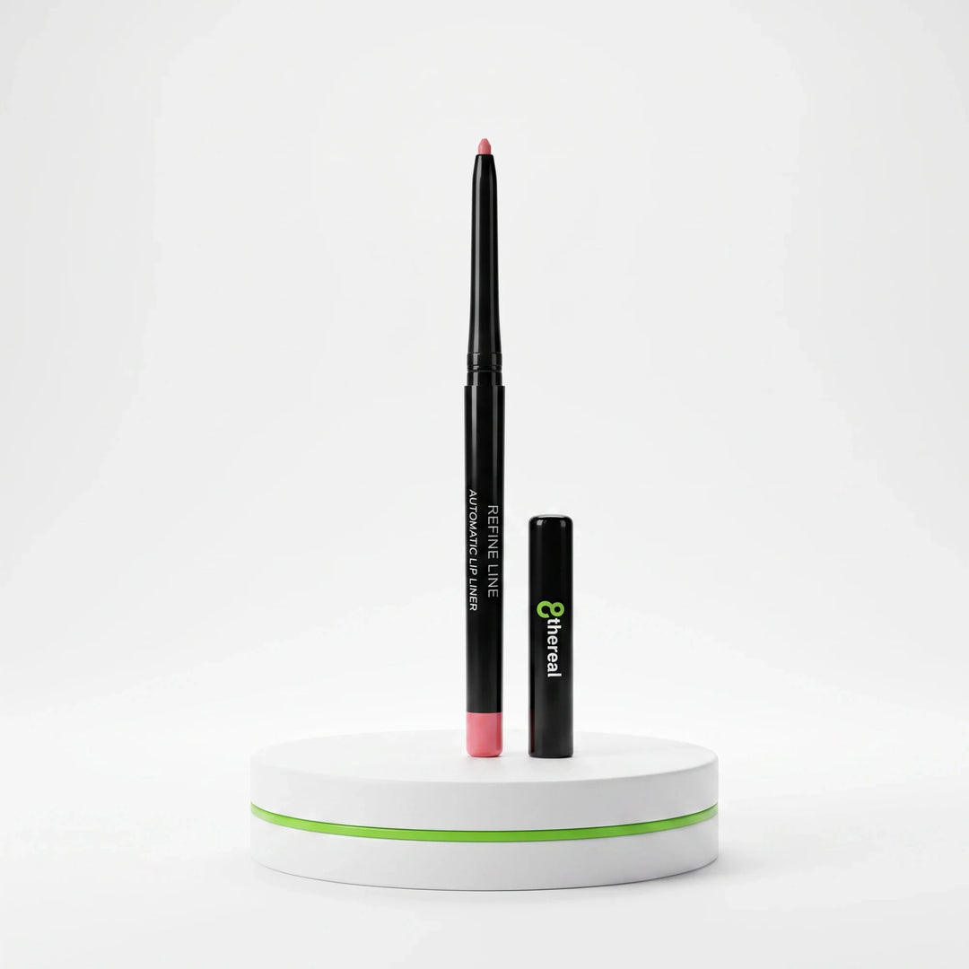 8thereal retractable automatic lip liner in a soft pink shade with a creamy, long-lasting formula on a white display.