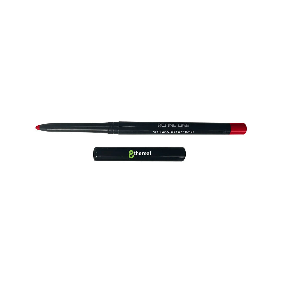 8thereal retractable automatic lip liner in a vibrant red shade with a sleek black casing and matching cap.