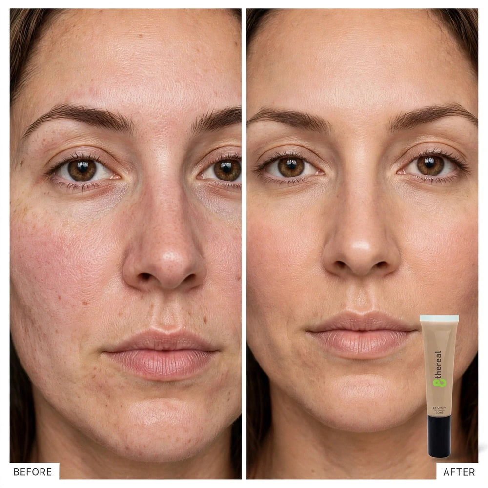 8thereal BB cream before and after application showing reduced redness and smoother skin tone on a woman's face.