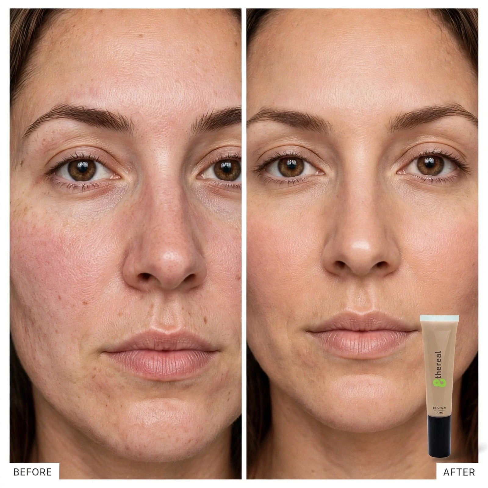8thereal BB cream before and after application showing reduced redness and smoother skin tone on a woman's face.