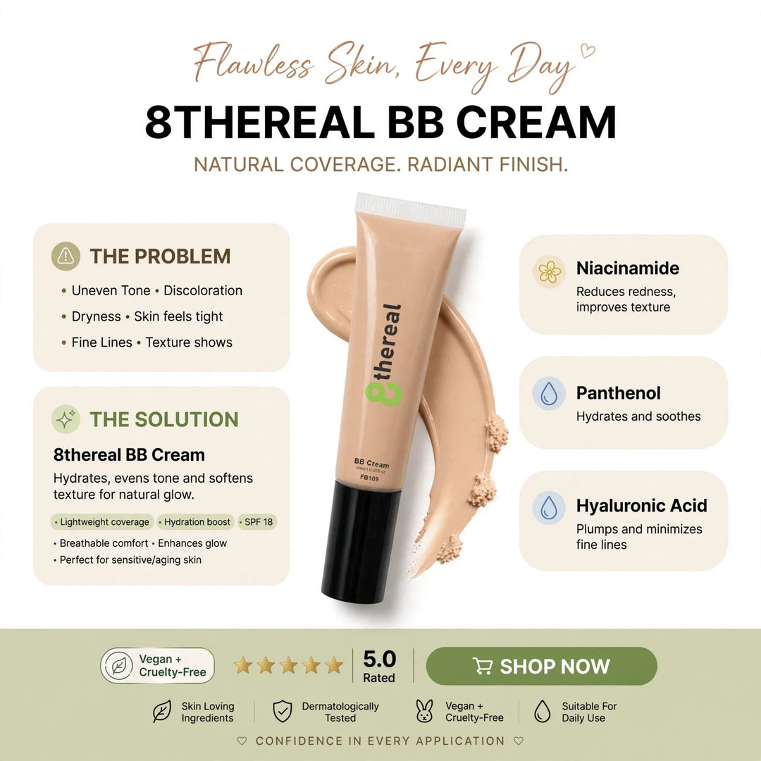 8thereal BB Cream tube with swatched product, highlighting skincare benefits like hydration and SPF protection.