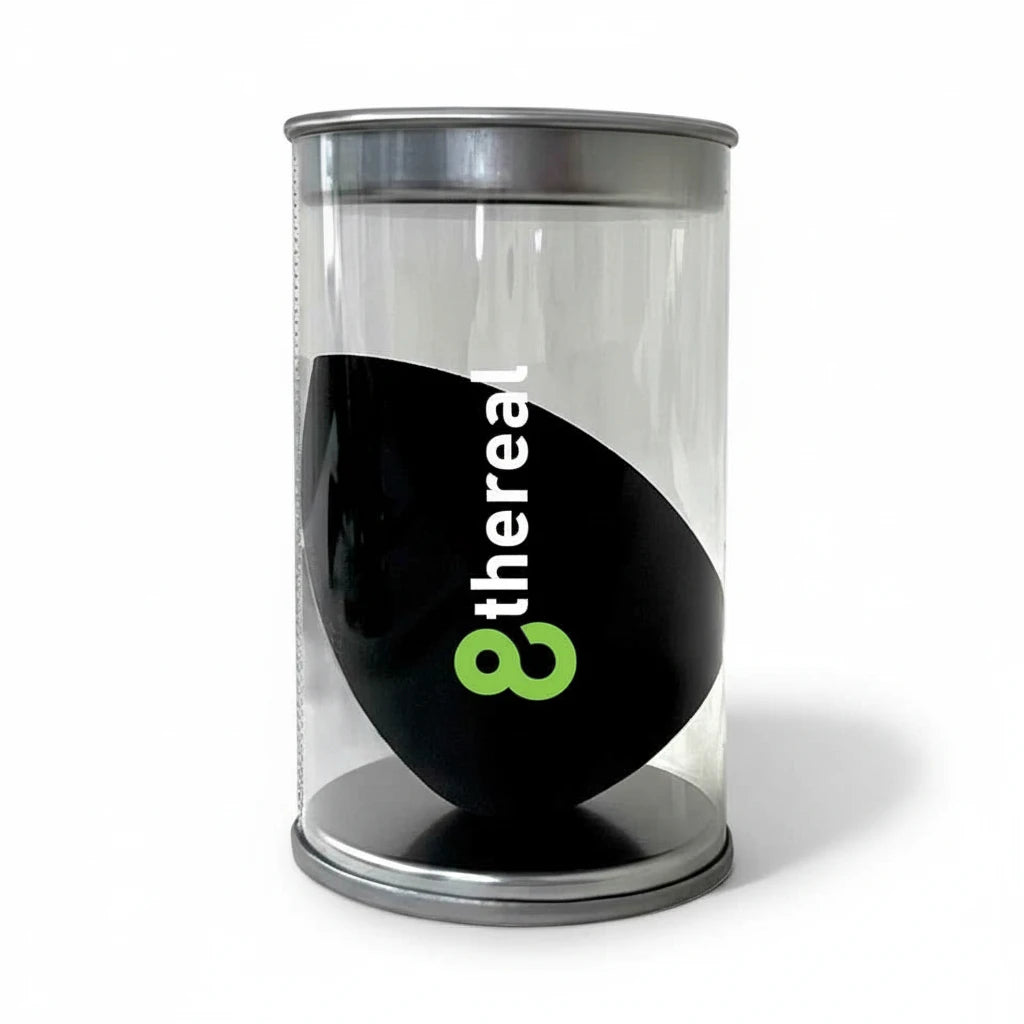 8thereal Super-soft Classic Blender makeup sponge in black, packaged in a clear cylindrical container.