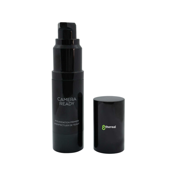 8thereal Camera-Ready skin smoothing face primer in a sleek black pump bottle with a matching cap on white background.
