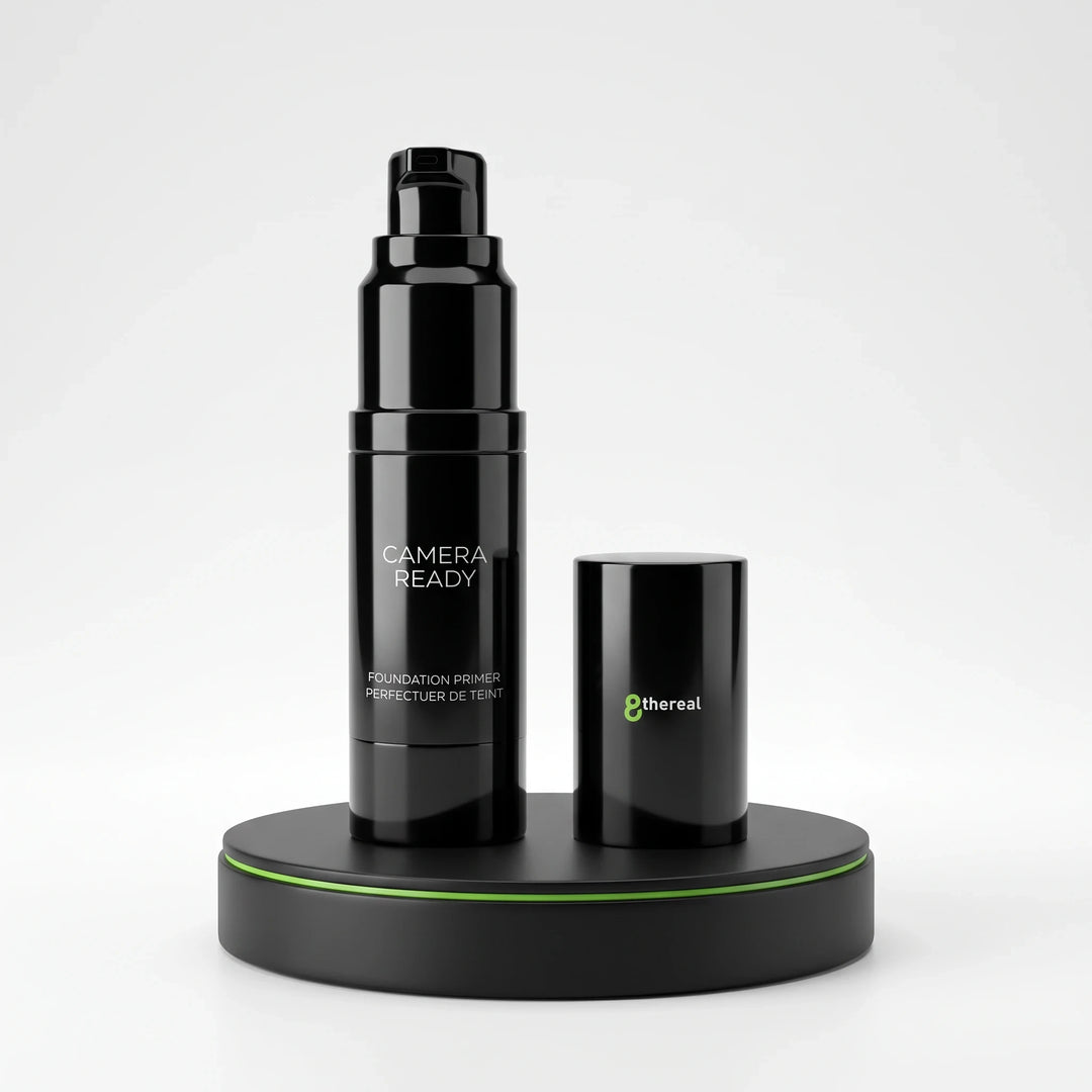 8thereal Camera-Ready skin smoothing face primer in a black pump bottle with a matching cap on a black display stand.