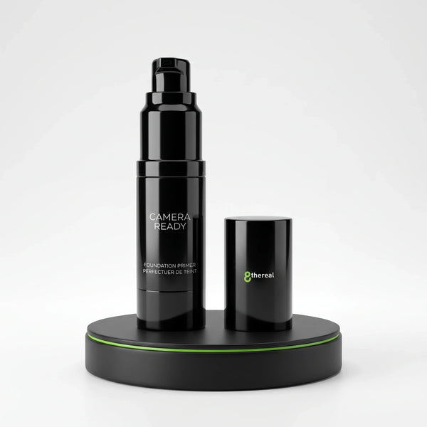 8thereal Camera-Ready skin smoothing face primer in a black pump bottle with a matching cap on a black display stand.