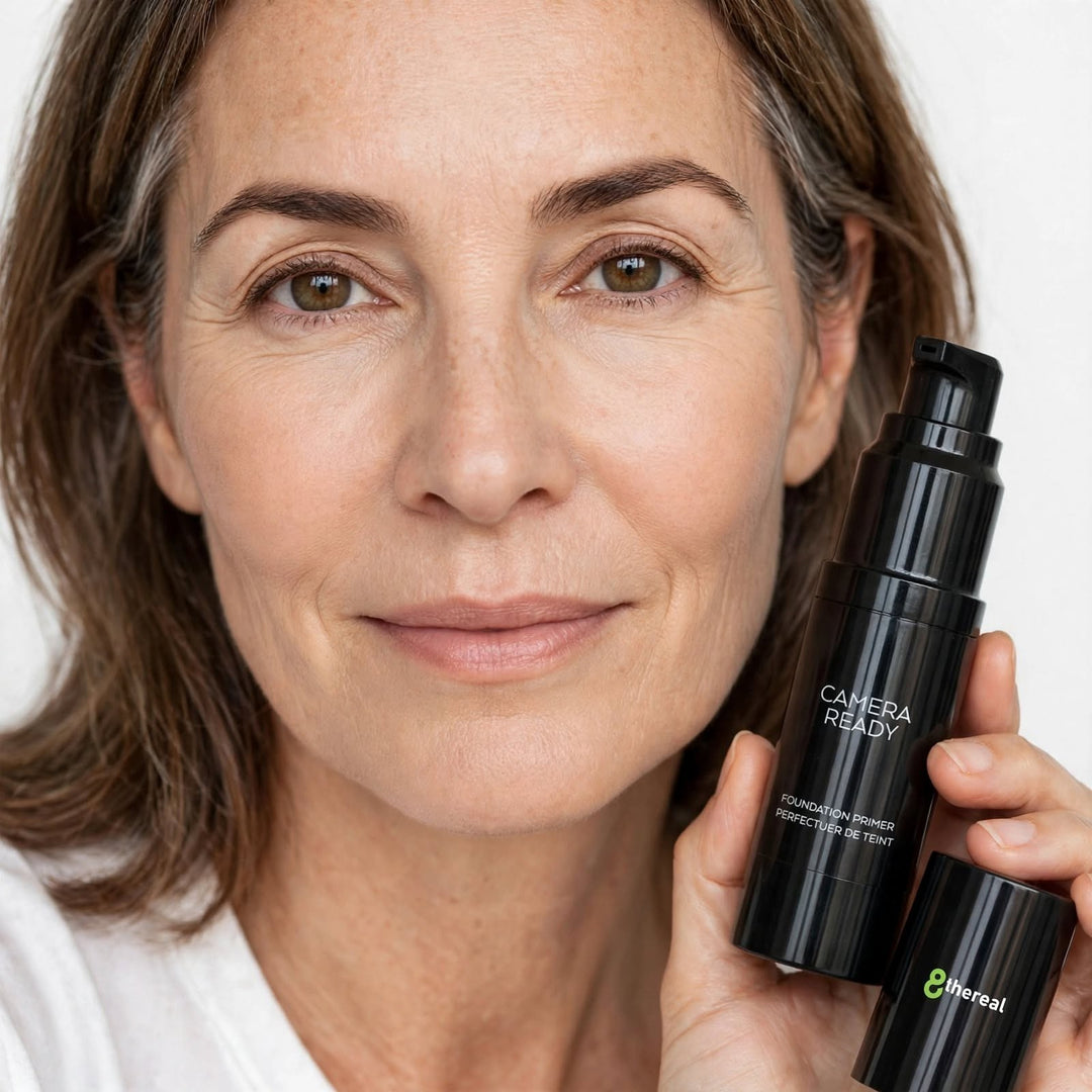A mature woman holding an 8thereal Camera-Ready skin smoothing face primer bottle in a clean, bright studio setting.