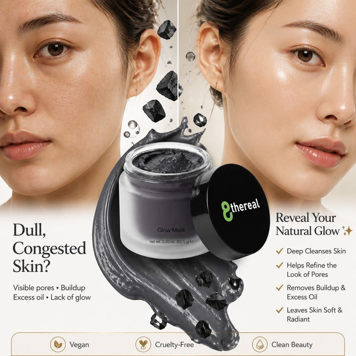 8thereal Deep-Cleansing Glow Mask with charcoal, showing before and after skin results and product jar texture.
