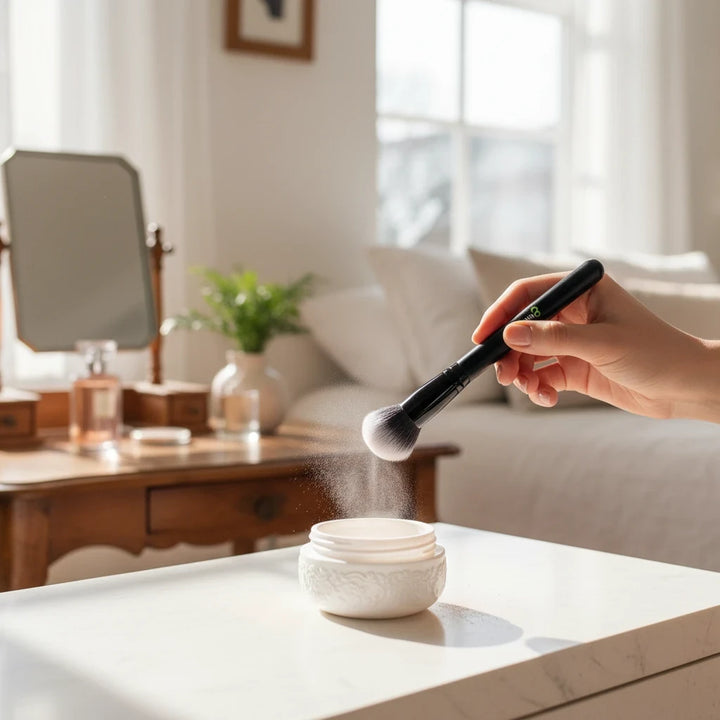 8thereal fan brush with soft synthetic bristles picking up loose powder from a jar for precise makeup application