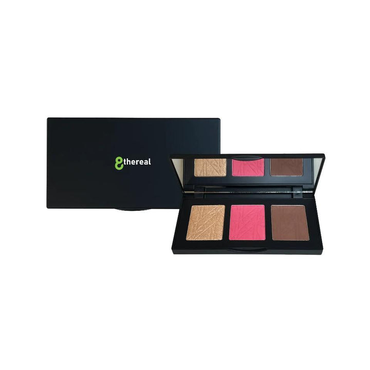 8thereal All-in-One Sculpt & Glow Pro Cheek Palette with highlighter, blush, and contour powder in a black compact.