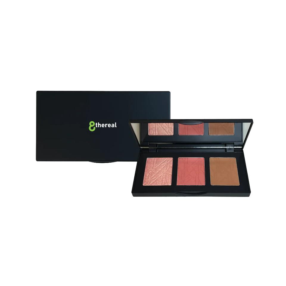 8thereal All-in-One Sculpt & Glow Pro Cheek Palette featuring a highlighter, blush, and contour powder in a compact.