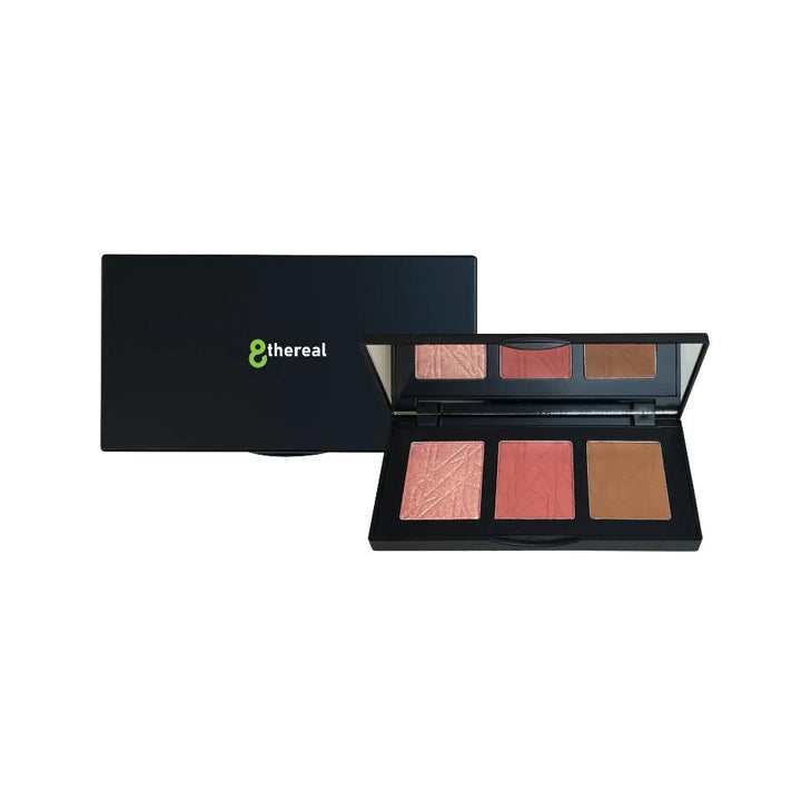 8thereal All-in-One Sculpt & Glow Pro Cheek Palette featuring a highlighter, blush, and contour powder in a compact.