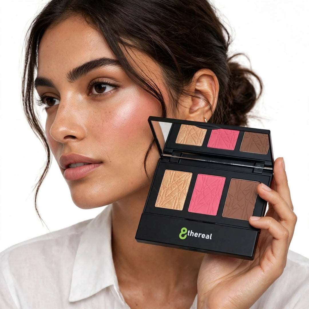Model holding 8thereal All-in-One Sculpt & Glow Pro Cheek Palette featuring highlighter, blush, and contour powders.