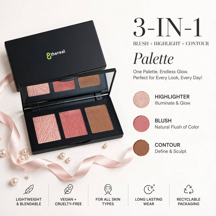 8thereal 3-in-1 cheek palette featuring a highlighter, blush, and contour powder in a sleek black compact with mirror.