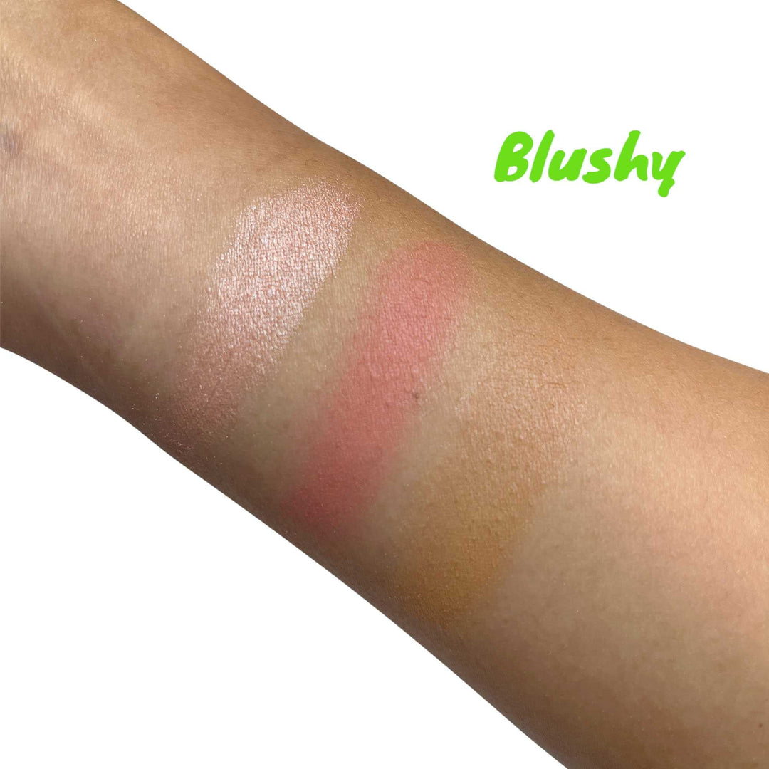 8thereal Sculpt & Glow Pro Cheek Palette swatches on skin showing luminous highlight, buildable blush, and contour.