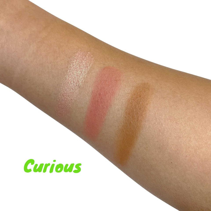 8thereal Sculpt & Glow Pro Cheek Palette swatches on skin showing a luminous highlight, buildable blush, and contour.