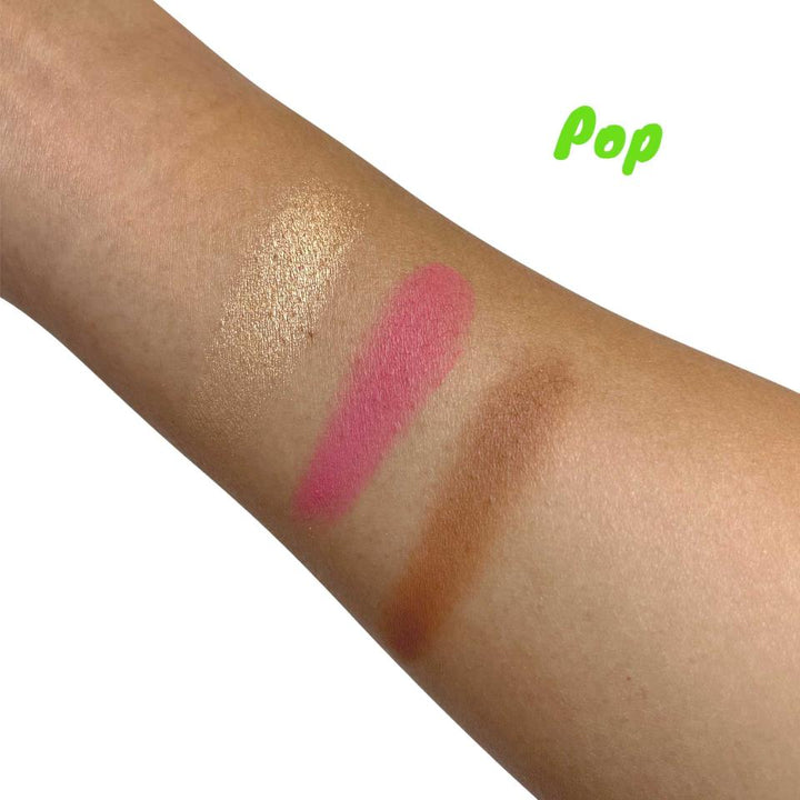 8thereal All-in-One Sculpt & Glow Pro Cheek Palette swatches showing gold highlighter, pink blush, and brown contour.
