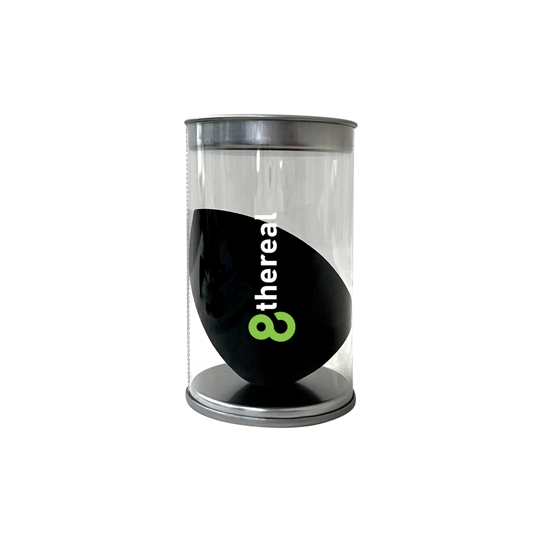 8thereal Super-soft Classic Blender makeup sponge in black, packaged in a clear cylindrical container.