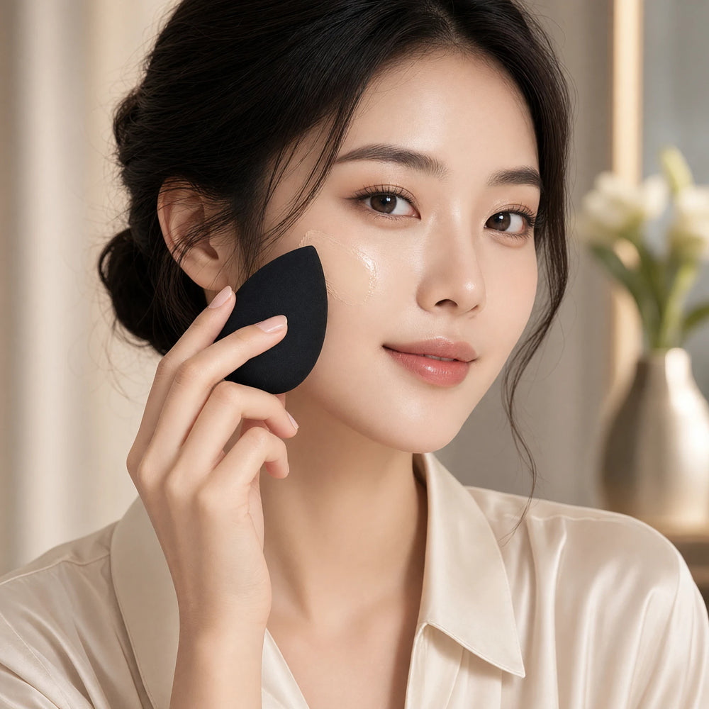 8thereal Super-soft Classic Blender sponge applying foundation on a woman's face for a seamless, natural finish.