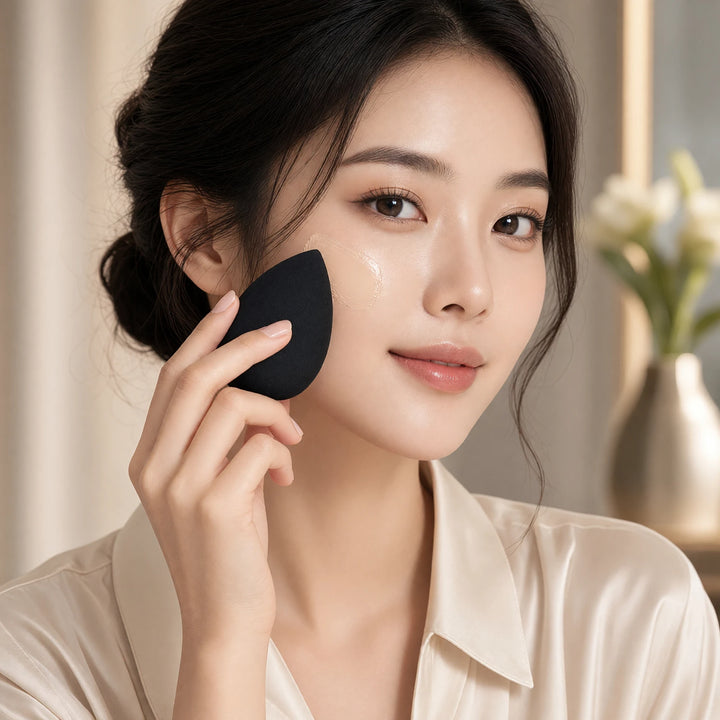8thereal Super-soft Classic Blender sponge applying foundation on a woman's face for a seamless, natural finish.