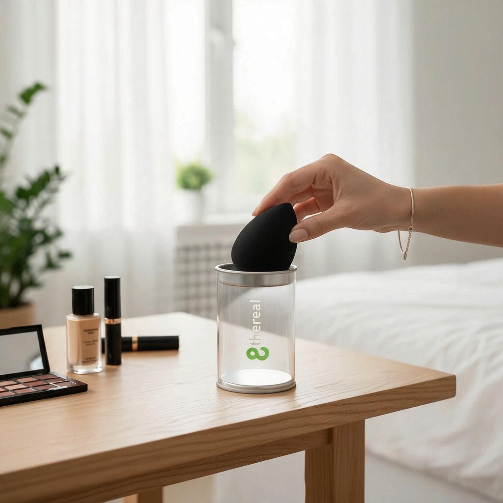 8thereal Super-soft Classic Blender makeup sponge being lifted from its clear storage container on a wooden vanity.