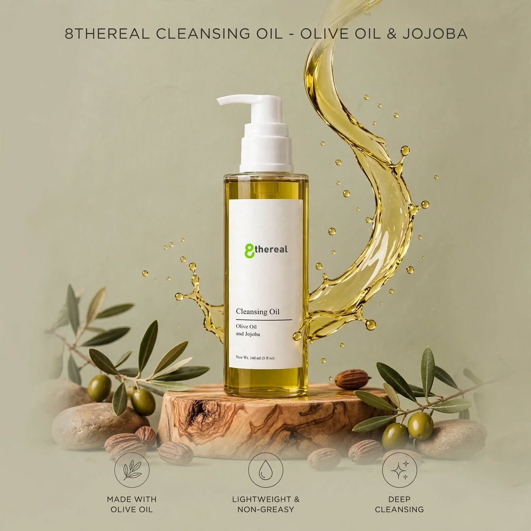 8thereal lightweight cleansing oil with olive and jojoba oil in a clear pump bottle on a wooden stand with olives.