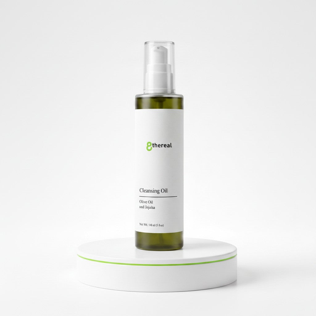 8thereal lightweight cleansing oil in a clear pump bottle on a white pedestal for makeup removal and skin nourishment