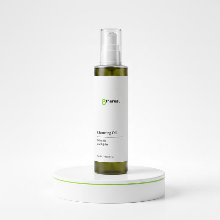 8thereal lightweight cleansing oil in a clear pump bottle on a white pedestal for makeup removal and skin nourishment