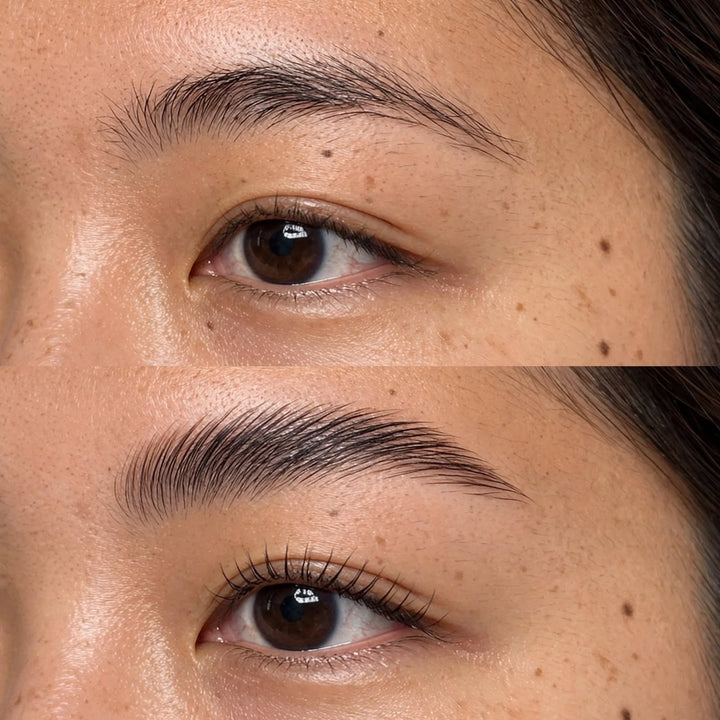 Before and after comparison of 8thereal Clear Brow Soap showing natural brows lifted and shaped for a fuller look