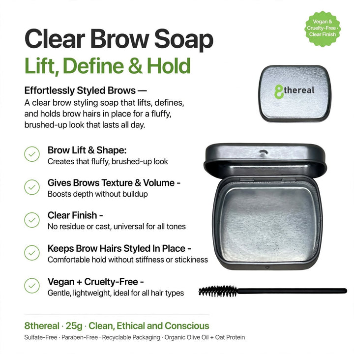8thereal Clear Brow Soap in a metal tin with a spoolie brush, featuring a vegan and cruelty-free styling formula.