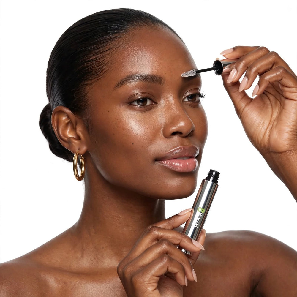 8thereal clear eyebrow gel being applied by a model with a spoolie for a natural, groomed look.