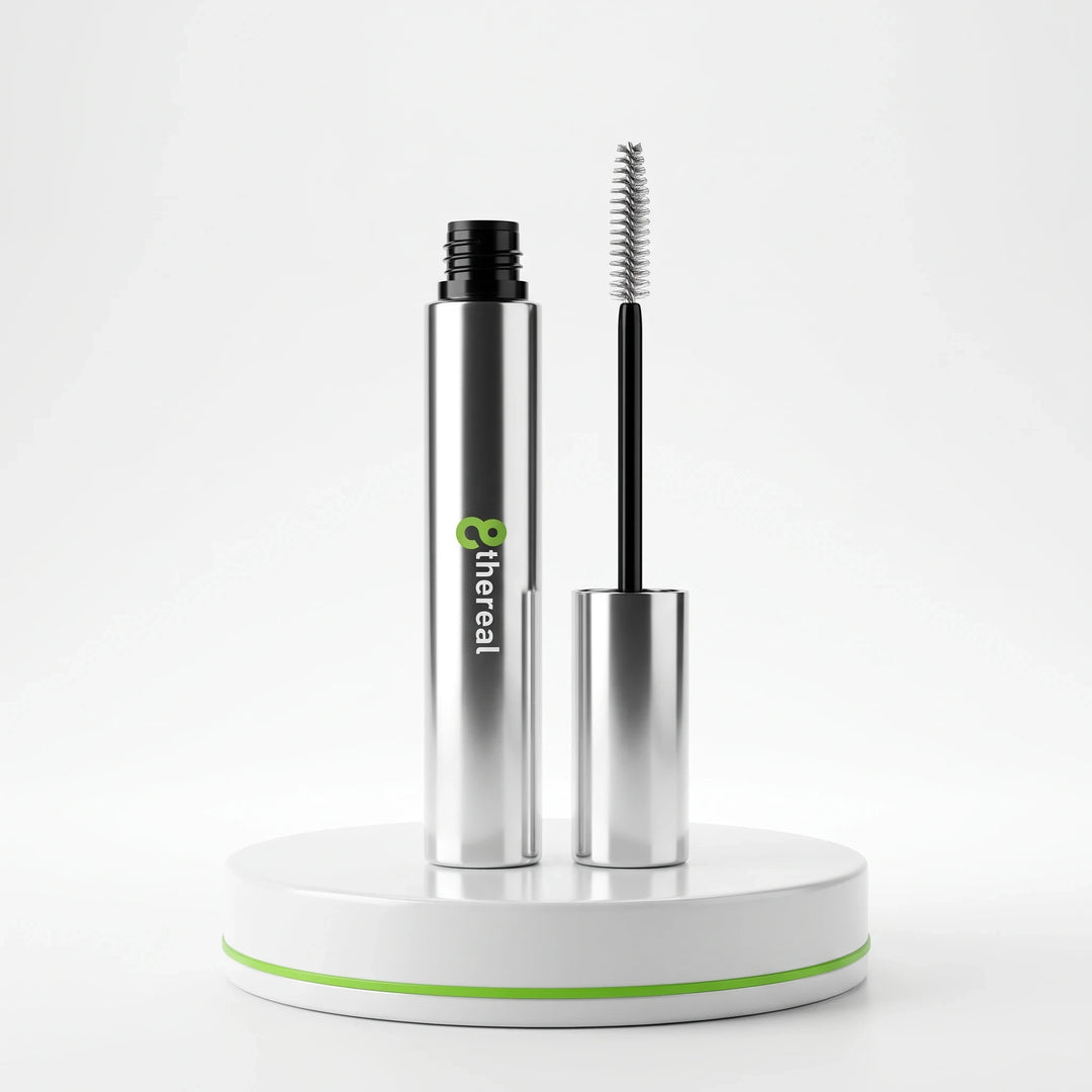 8thereal clear eyebrow gel in a sleek silver tube with a spoolie applicator on a white pedestal