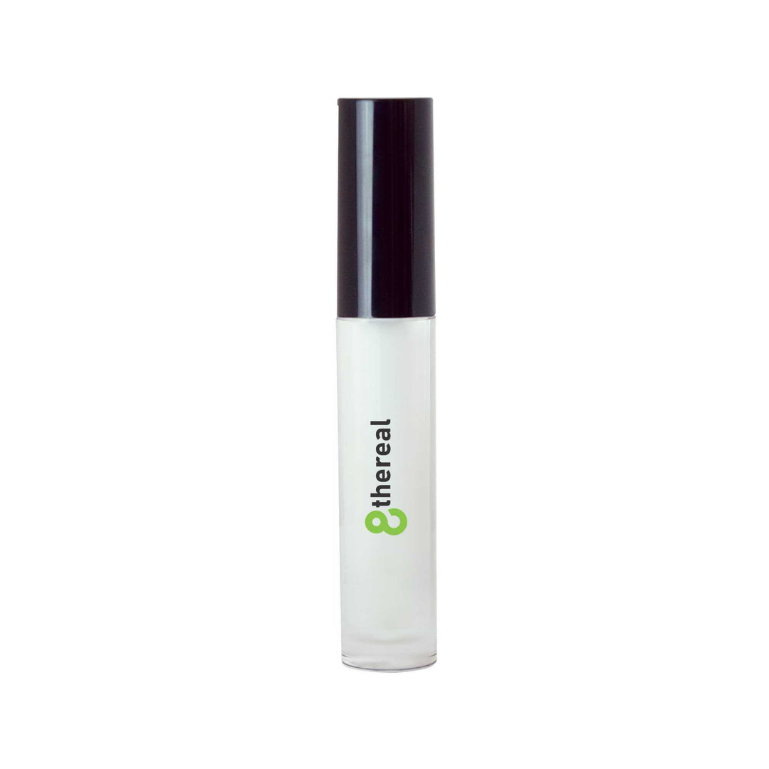 8thereal clear high-shine lip gloss in a sleek cylindrical tube with a black cap for a radiant finish.