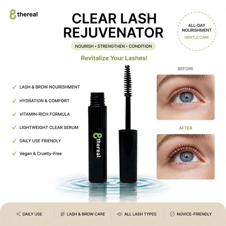 8thereal Lash Rejuvenator clear serum with wand applicator, showing before and after results for lash nourishment.