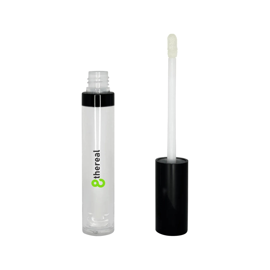 8thereal clear lip plumper gloss in a transparent tube with a black cap and applicator wand for high-shine hydration.