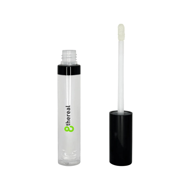 8thereal clear lip plumper gloss in a transparent tube with a black cap and applicator wand for high-shine hydration.