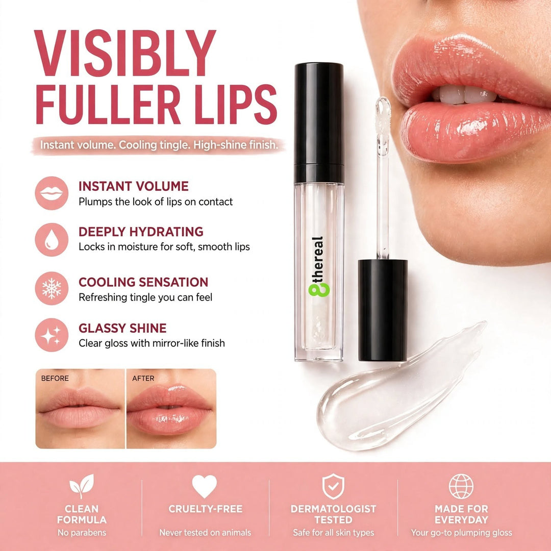 8thereal clear lip plumper gloss with high-shine finish, shown on lips with applicator and texture swatch