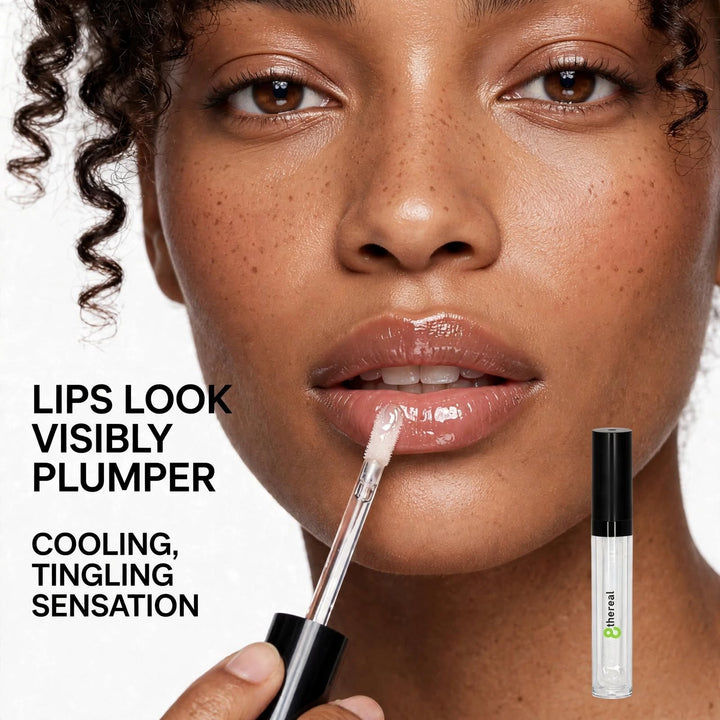8thereal model applying clear high-shine lip plumper gloss for a fuller and hydrated look